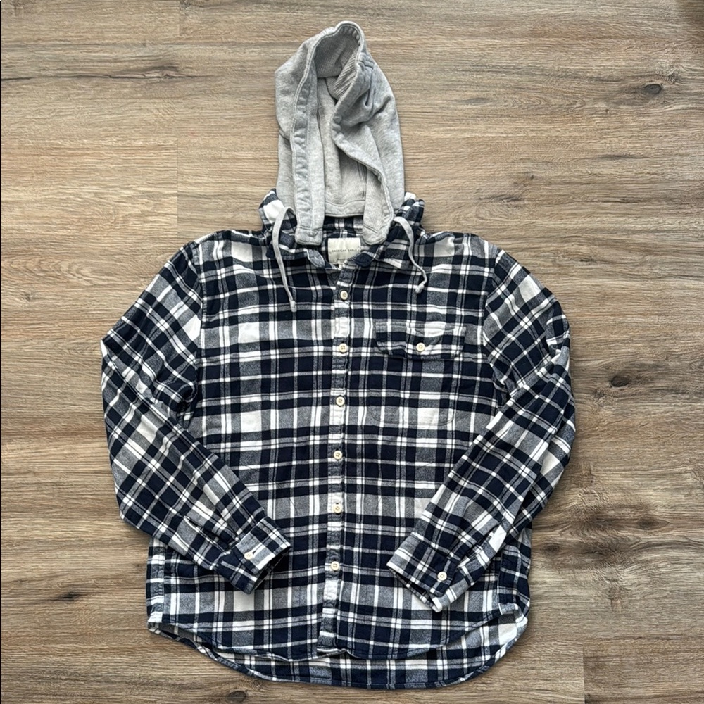 American Eagle Navy Blue and White Hooded Flannel
